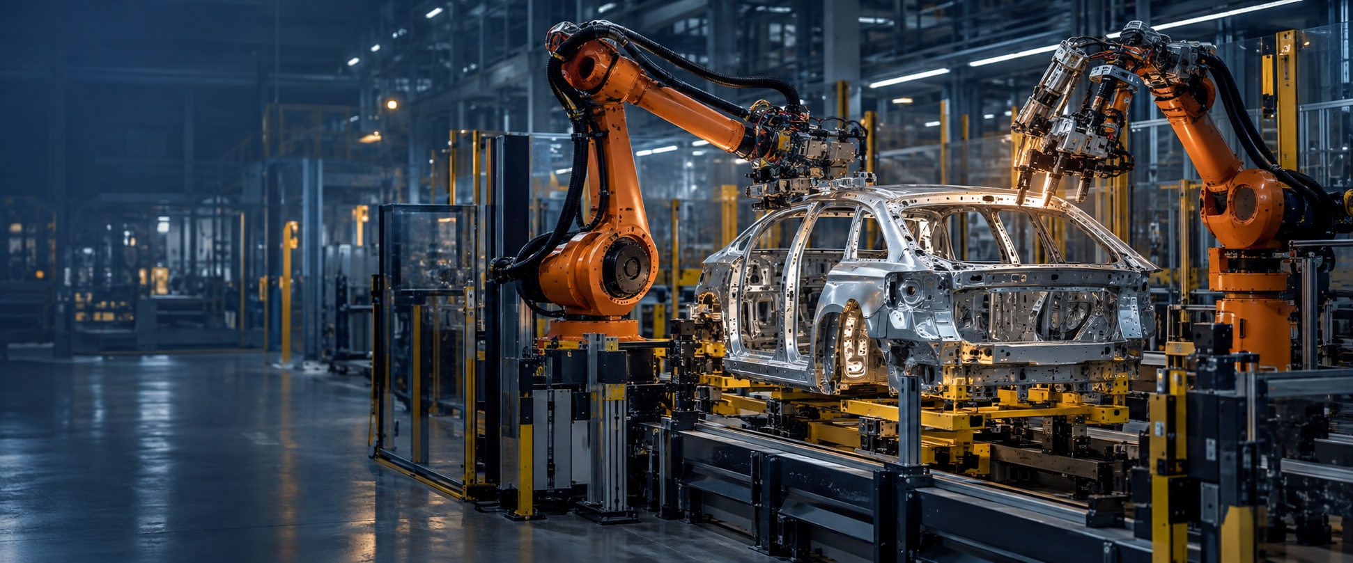 Otomotiv üretim hattında endüstriyel robot kolları, temsili görsel